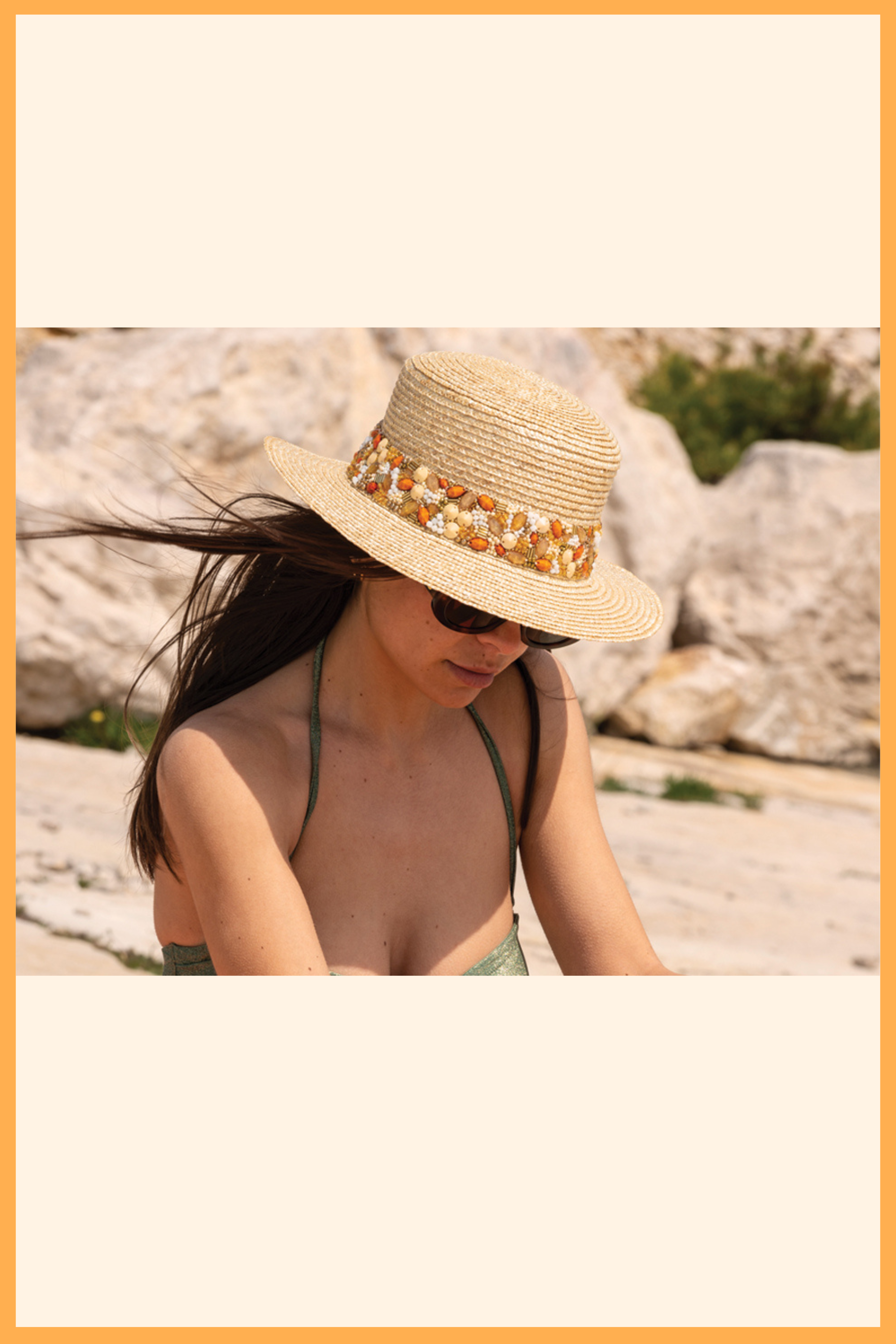 Lightweight straw boater with pearl-embroidered ribbon TISSIA