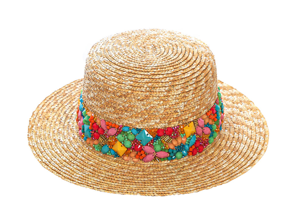 KAMEA LIGHTWEIGHT STRAW CANOTIER HAT WITH PEARL EMBROIDERED RIBBON